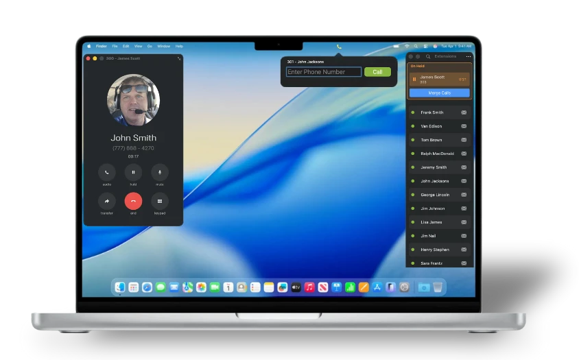 WebFones Voice for Mac — active call window with contact details and extension presence