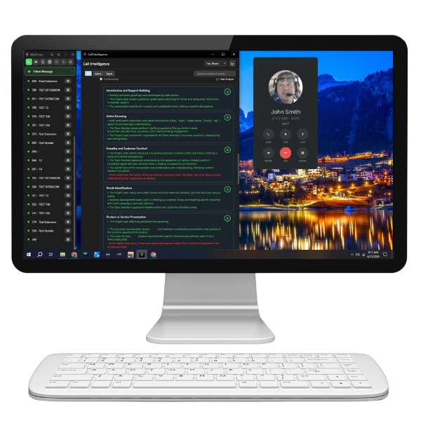 WebFones Voice for Windows — active call window with contact details and extension presence