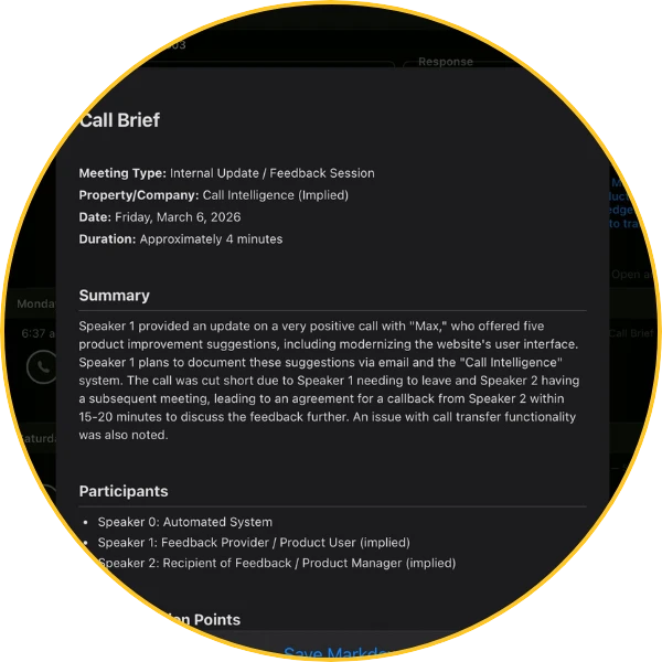 Call Brief summary with meeting type, participants, and key discussion points, plus Save PDF and Save Markdown options