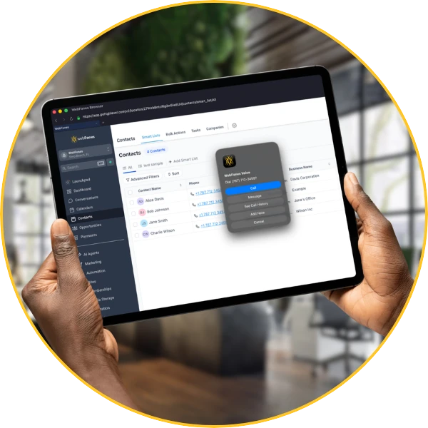 WebFones Browser turning a CRM contact's phone number into a click-to-call action on a tablet